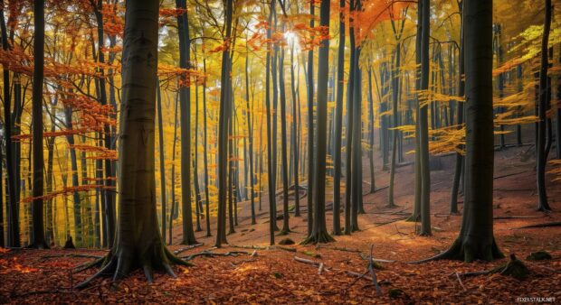 Autumn leaves forest with tall trees and colorful foliage.