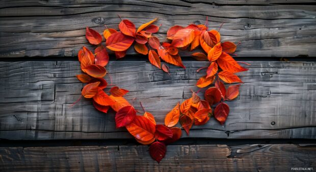 Autumn leaves forming a heart shape on a rustic wooden background.