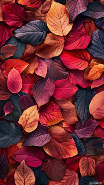 Autumn phone wallpaper with a close up of colorful leaves.