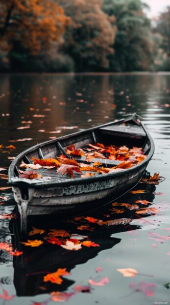 Autumn phone wallpaper with autumn leaves on a tranquil lake.