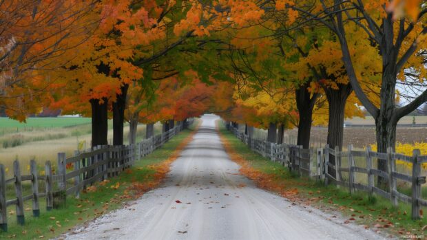 Autumn tree wallpaper with Fall trees lining a peaceful country road.