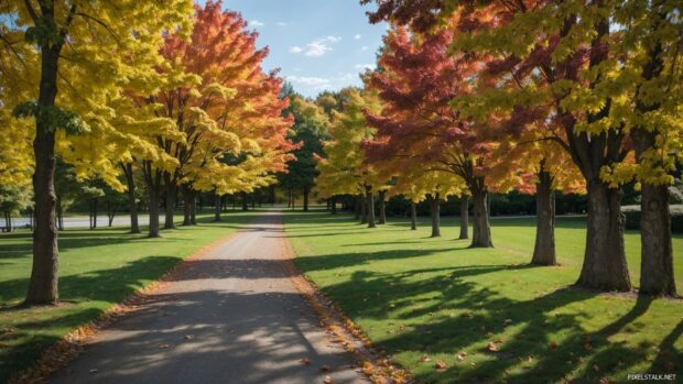 Autumn tree wallpaper with a row of trees with leaves turning from green to red.