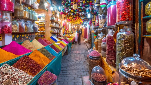 Awesome Laptop Wallpaper with a bustling market street in Marrakech with colorful spices and textiles.