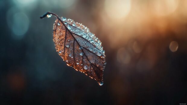 Awesome Laptop Wallpaper with a close up shot of a single dew covered leaf with crisp focus on the droplets, set against a soft blurred background.