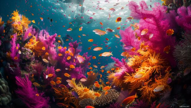 Awesome Laptop Wallpaper with a vibrant coral reef teeming with colorful marine life.