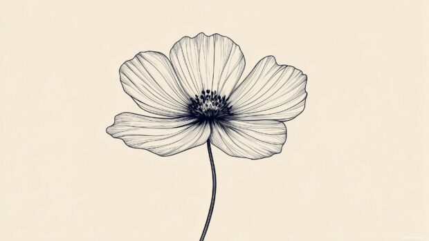 Awesome Wallpaper with a minimalist black and white line art of a single flower on a pale cream background.