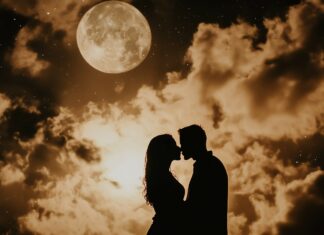 Beautiful Love Desktop Wallpaper with a silhouette of a couple kissing under a full moon