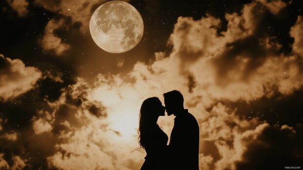 Beautiful Love Desktop Wallpaper with a silhouette of a couple kissing under a full moon