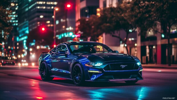 Backgrounds 1920×1080 HD with a modern Ford Mustang Mach 1 in dark blue.