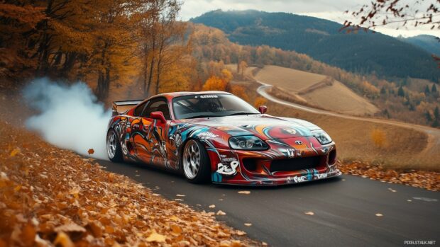 Backgrounds 1920×1080 with a brightly colored Toyota Supra in mid drift on a mountain road.