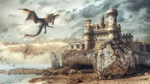 Backgrounds 1920×1080 with fantasy castle on a cliff with a cool dragon flying overhead.