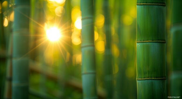 Bamboo forest 1080p wallpaper with sunlight filtering through, serene and peaceful atmosphere.