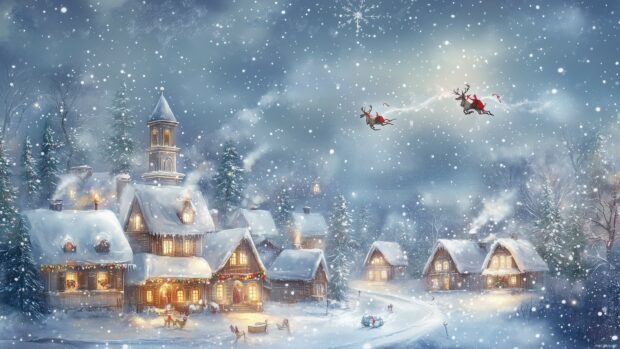 Beautiful Christmas 4K scene with Santa and his reindeer flying over a snowy village.