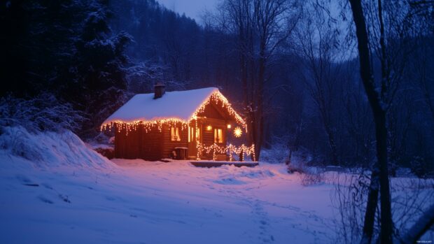 Beautiful Christmas Wallpaper 4K with a small cabin adorned with Christmas lights.