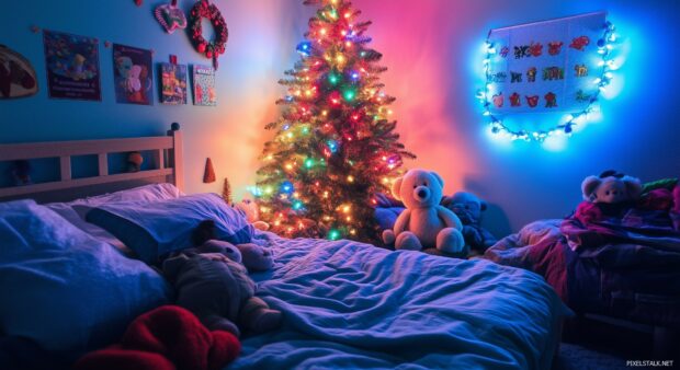 Beautiful Christmas Wallpaper decorated with colorful lights and stuffed animals.