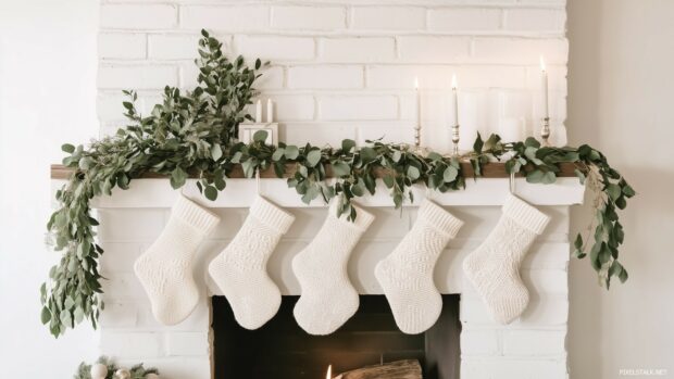 Beautiful Christmas Wallpaper for desktop with minimalist stockings and greenery.