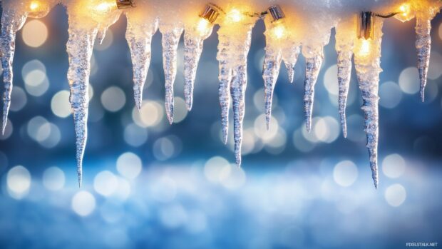 Beautiful Christmas Wallpaper with Christmas lights reflecting off icicles and snow, creating a serene and festive atmosphere.