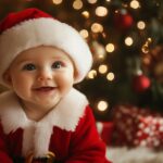 Beautiful Christmas Wallpaper with a cute baby in a Santa suit, sitting next to a decorated tree.