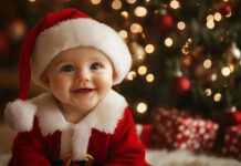 Beautiful Christmas Wallpaper with a cute baby in a Santa suit, sitting next to a decorated tree.