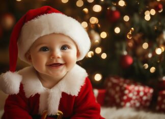 Beautiful Christmas Wallpaper with a cute baby in a Santa suit, sitting next to a decorated tree.