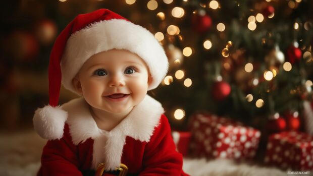 Beautiful Christmas Wallpaper with a cute baby in a Santa suit, sitting next to a decorated tree.