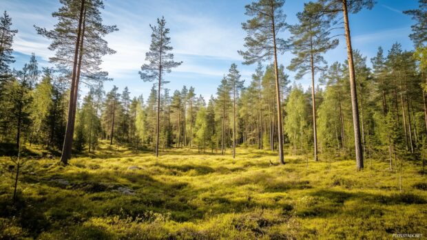 Beautiful Forest Desktop Background with tall pines, a clear sky, and soft shadows playing on the forest floor.