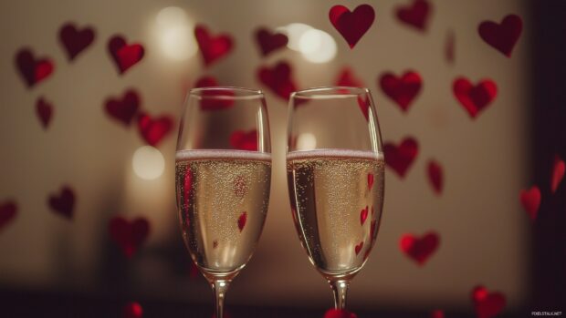 Beautiful Love Desktop HD Wallpaper with two glasses of champagne clinking together, with heart shaped confetti falling in the background, creating a celebratory and romantic atmosphere.