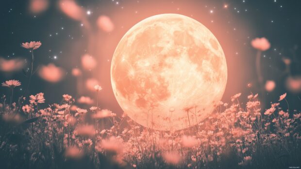 Beautiful Moon 4K Wallpaper with a soft pink moon rising above a peaceful meadow filled with blooming wildflowers.