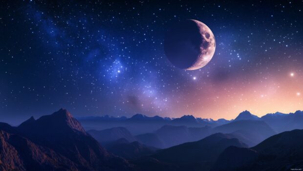 Beautiful Moon Wallpaper 4K with a crescent moon hanging delicately in a crystal clear night sky, surrounded by faint stars, with a distant mountain range silhouetted against the horizon.