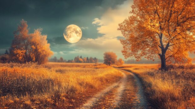 Beautiful Moon Wallpaper 4K with a harvest moon in warm orange hues, rising over a quiet autumn landscape with fields and trees glowing under its light.