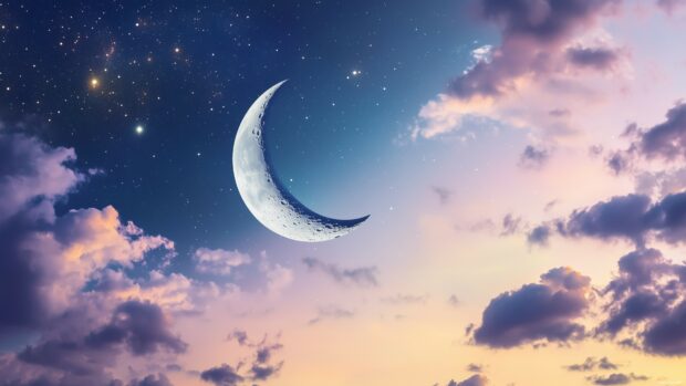 Beautiful Moon Wallpaper 4K with a sleek crescent moon floating in a dark, elegant sky with soft pastel clouds and a refined scattering of stars.