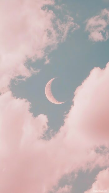 Beautiful Moon Wallpaper with a delicate crescent moon in a soft, pastel sky, with elegant lines of clouds drifting gently and a clean.