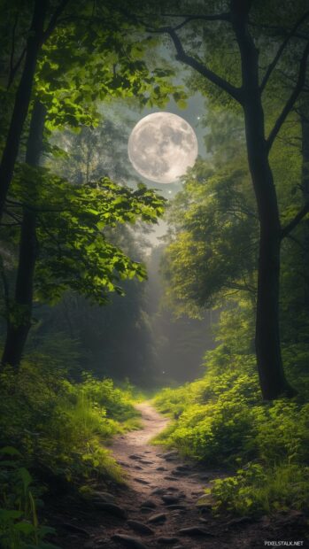 Beautiful Moon Wallpaper with a full moon hanging low in the sky, its light filtering through the dense tree canopy and illuminating the forest floor.