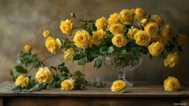 Beautiful Yellow roses in a delicate glass vase.