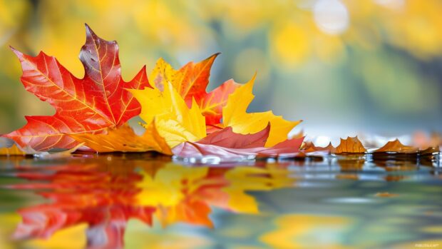 Beautiful autumn leaves floating on a serene water surface, 2K wallpaper HD.