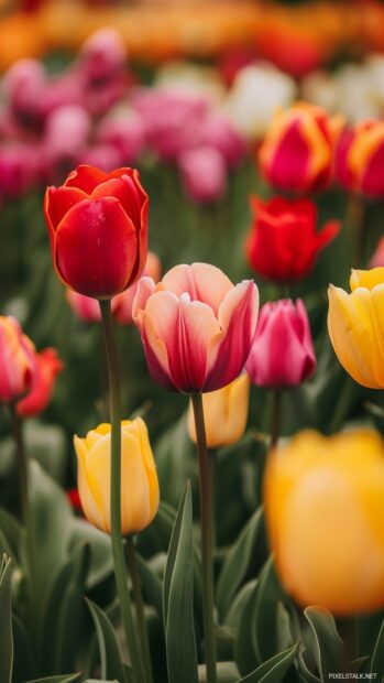 Beautiful field of tulips flowers 1080x1920 Background.