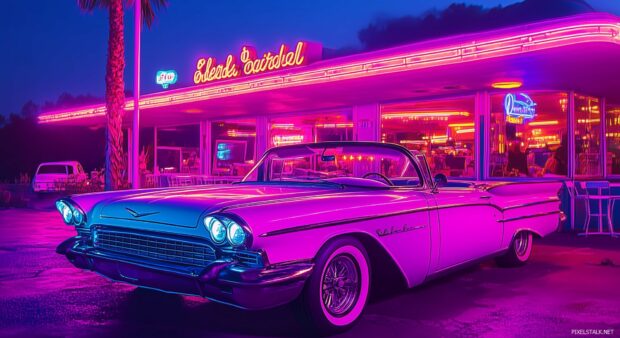 Best Car Wallpaper with a classic convertible parked by a neon lit diner at night.