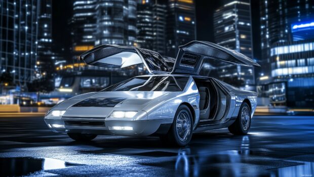 Best Car Wallpaper with a futuristic electric car with gullwing doors open, parked in a high tech urban setting at night.