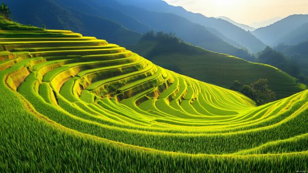 Best Laptop Wallpaper with aerial view of lush green rice terraces winding through a hillside, capturing the patterns and textures of nature.