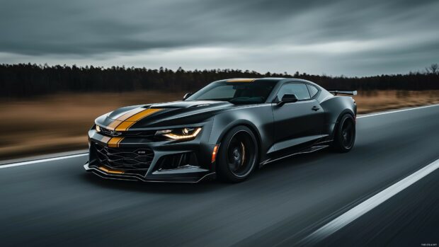 Best muscle car with a metallic gold racing stripe, speeding down an empty road with a motion blur effect.