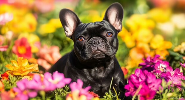 Black Bulldog exploring a vibrant flower garden, with colorful blooms in the background.