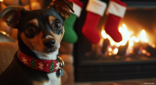 Black Dog sitting by a fireplace with Christmas stockings hanging, wearing a festive collar.