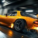 Black and Gold Car Wallpaper HD with a powerful Mazda RX 7 with its back end sliding out, drifting through a tunnel with sparks flying from the undercarriage.