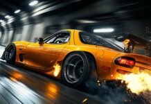 Black and Gold Car Wallpaper HD with a powerful Mazda RX 7 with its back end sliding out, drifting through a tunnel with sparks flying from the undercarriage.