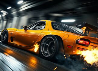 Black and Gold Car Wallpaper HD with a powerful Mazda RX 7 with its back end sliding out, drifting through a tunnel with sparks flying from the undercarriage.