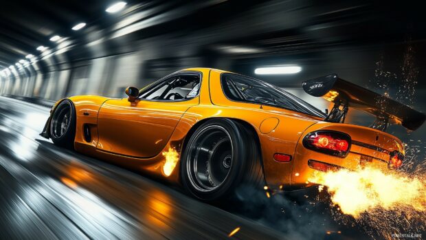 Black and Gold Car Wallpaper HD with a powerful Mazda RX 7 with its back end sliding out, drifting through a tunnel with sparks flying from the undercarriage.