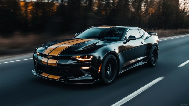 Black and gold muscle car wallpaper 4K with a metallic gold racing stripe, speeding down an empty road with a motion blur effect.