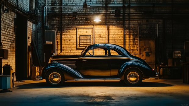 Black and gold vintage car parked under a spotlight in a dimly lit industrial garage, 4K wallpaper.