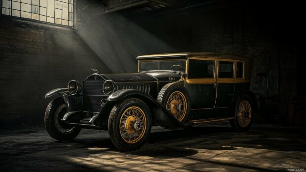 Black and gold vintage car parked under a spotlight in a dimly lit industrial garage.