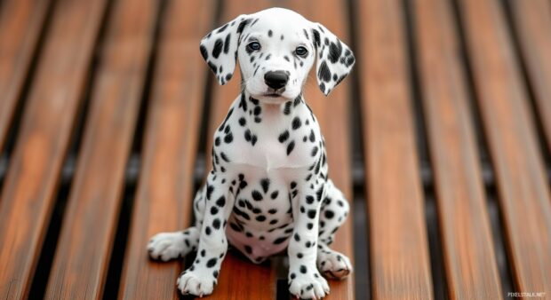 Black and white Dog wallpaper with bright eyes and spots, sitting on a wooden deck.